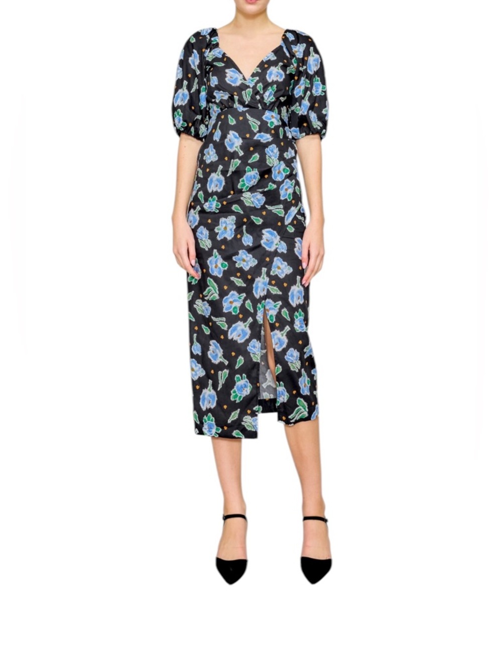 Mello Day Women’s Floral Midi Pencil Skirt Dress in Black/Blue/ Small